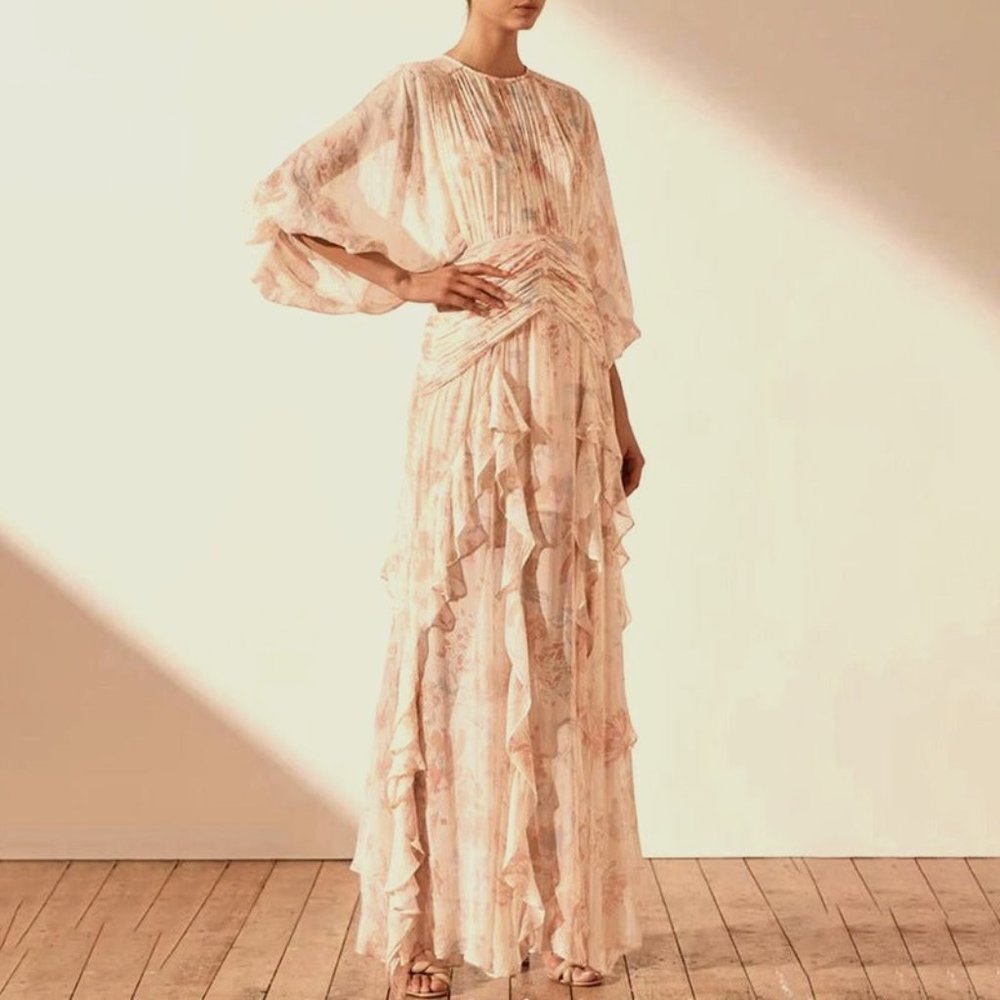 Long Sleeve Ruffle Maxi Dress in Soft Cream-Pink Floral